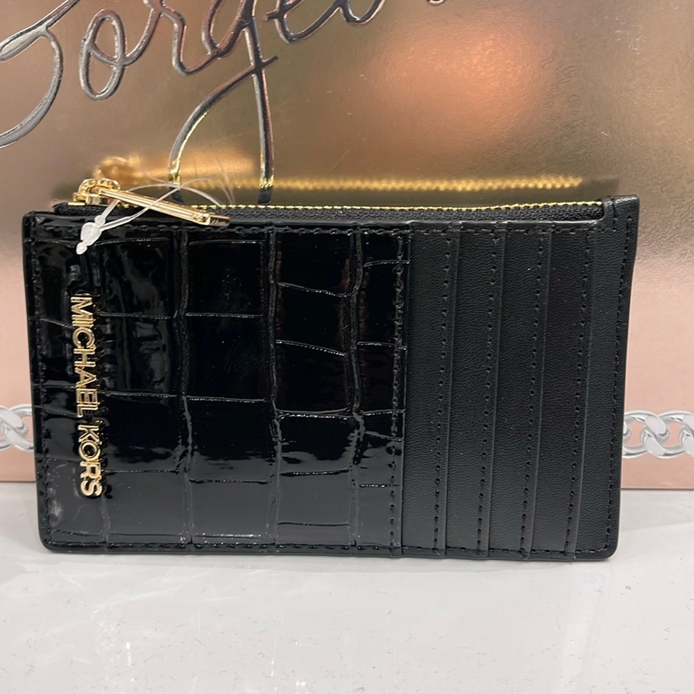 MICHAEL KORS JET SET TRAVEL MEDIUM TZ CARD CASE IN BLACK CROCODILE 
NWT